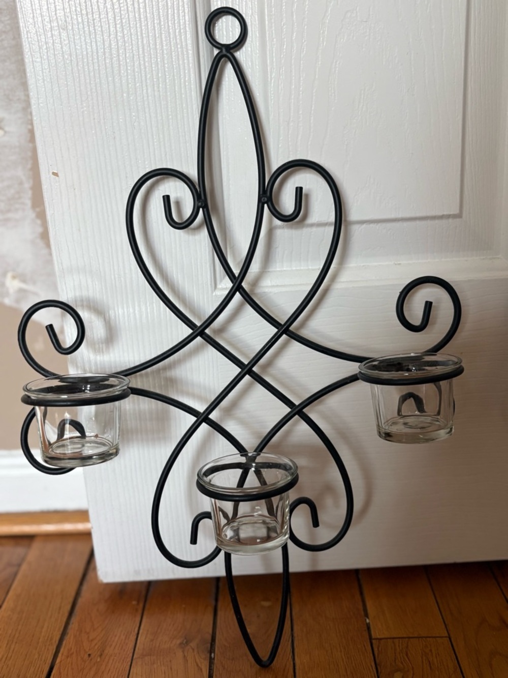 Decorative Black Metal Wall Candle Holders with Glass Votives - Set of 2 - Picture 2 of 3